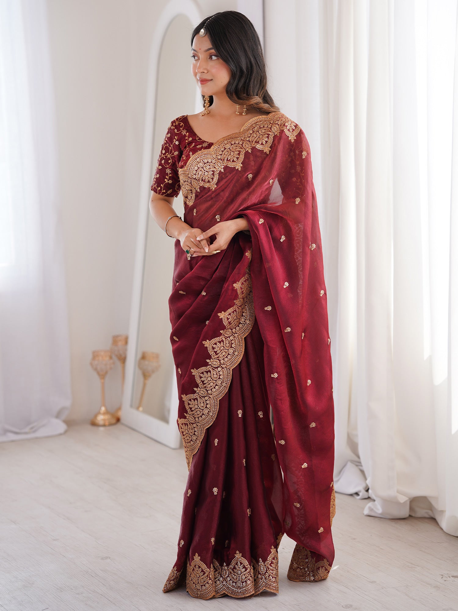 Women's Satin Maroon Embellished Designer Saree With Blouse Piece