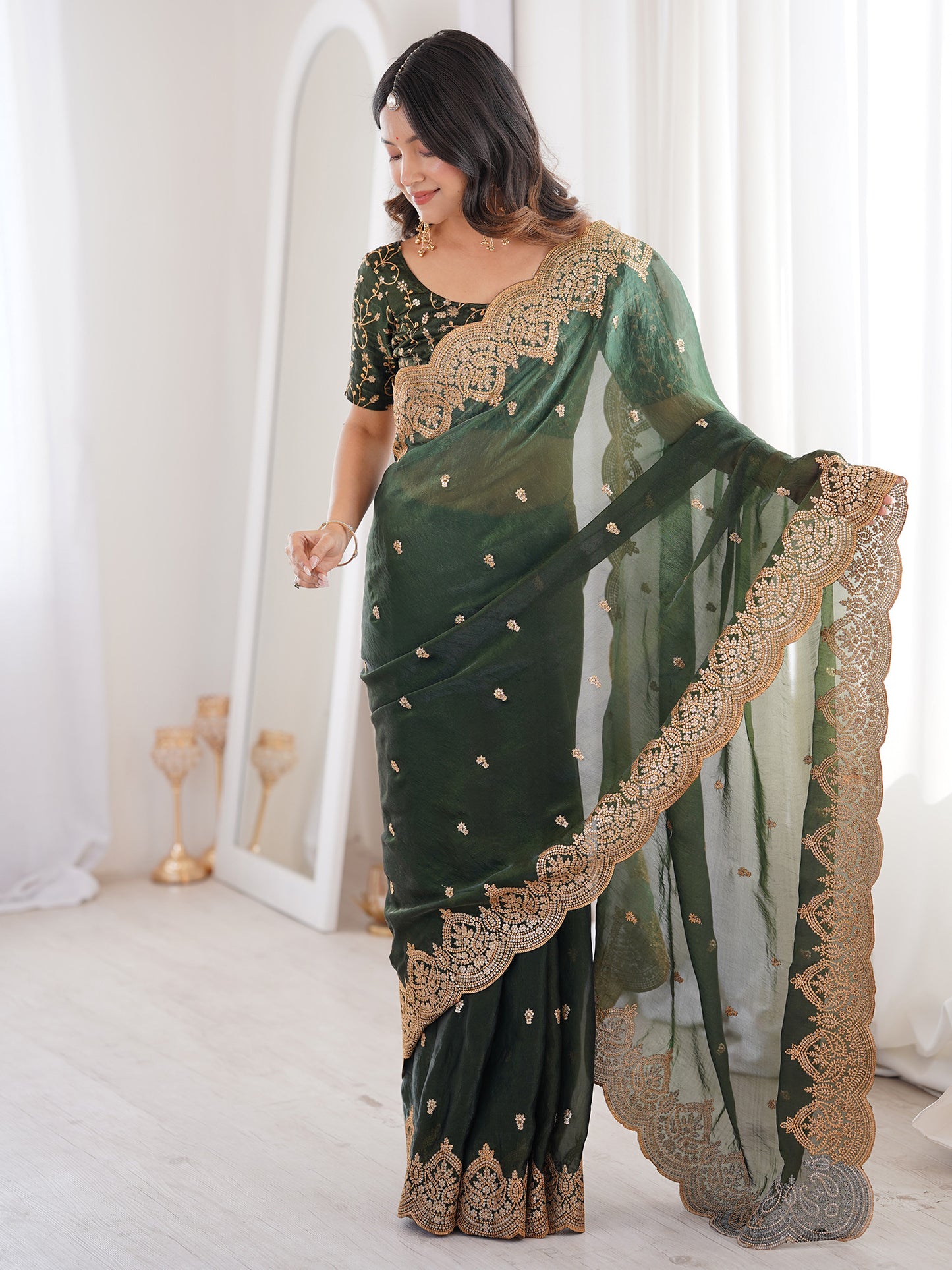 Women's Satin Green Embellished Designer Saree With Blouse Piece