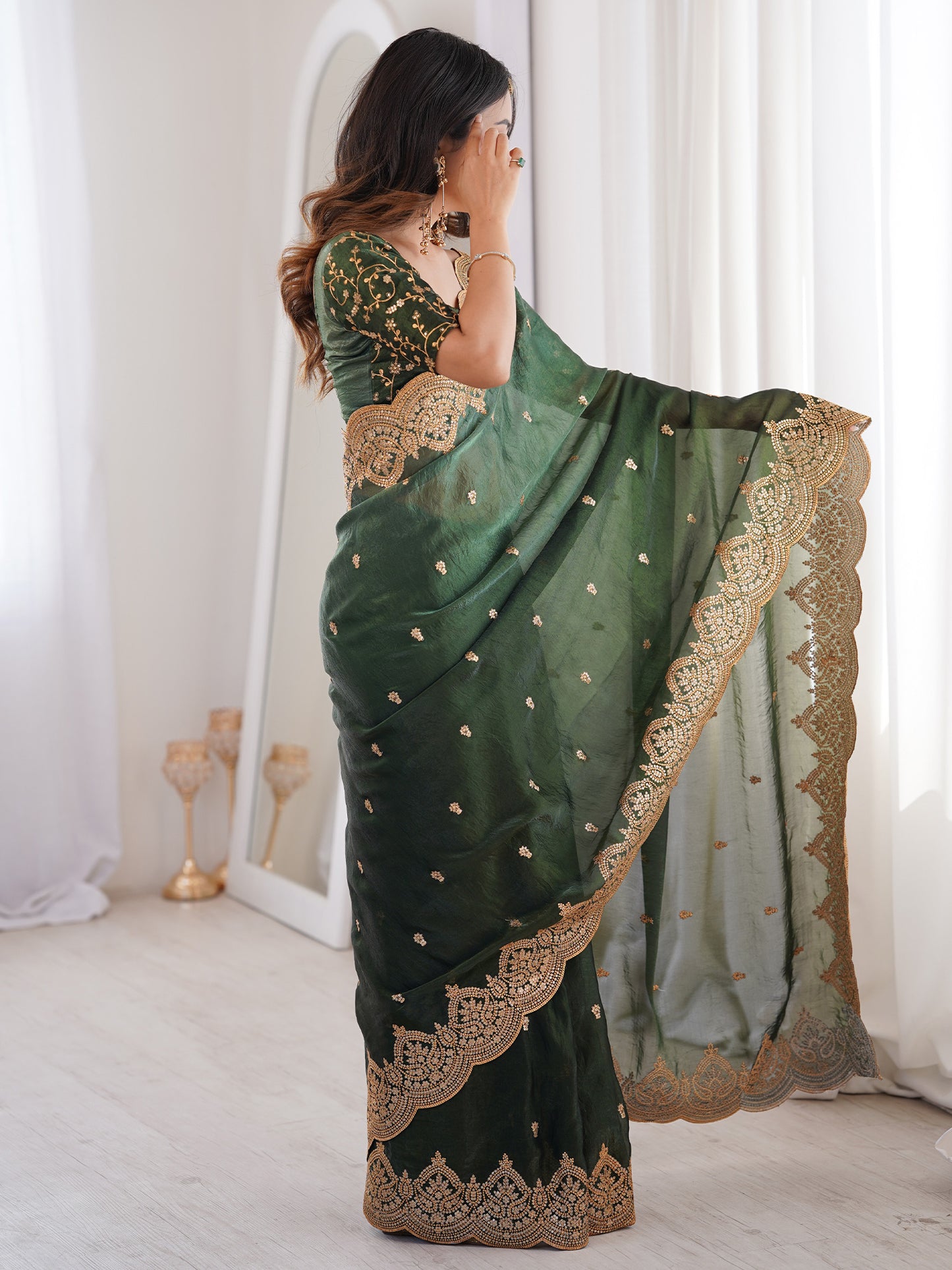 Women's Satin Green Embellished Designer Saree With Blouse Piece