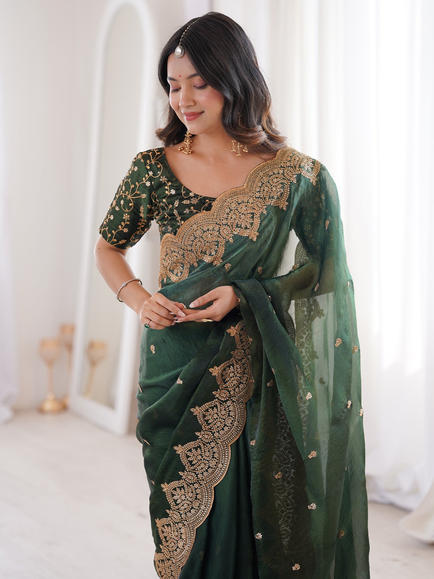 Women's Satin Green Embellished Designer Saree With Blouse Piece