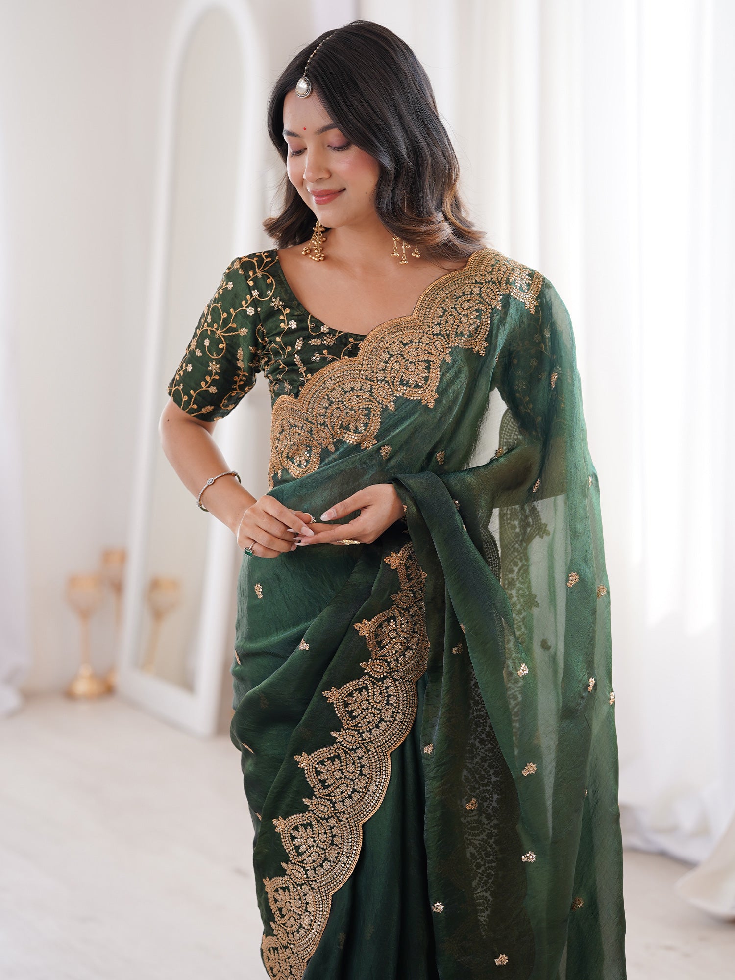 Women's Satin Green Embellished Designer Saree With Blouse Piece