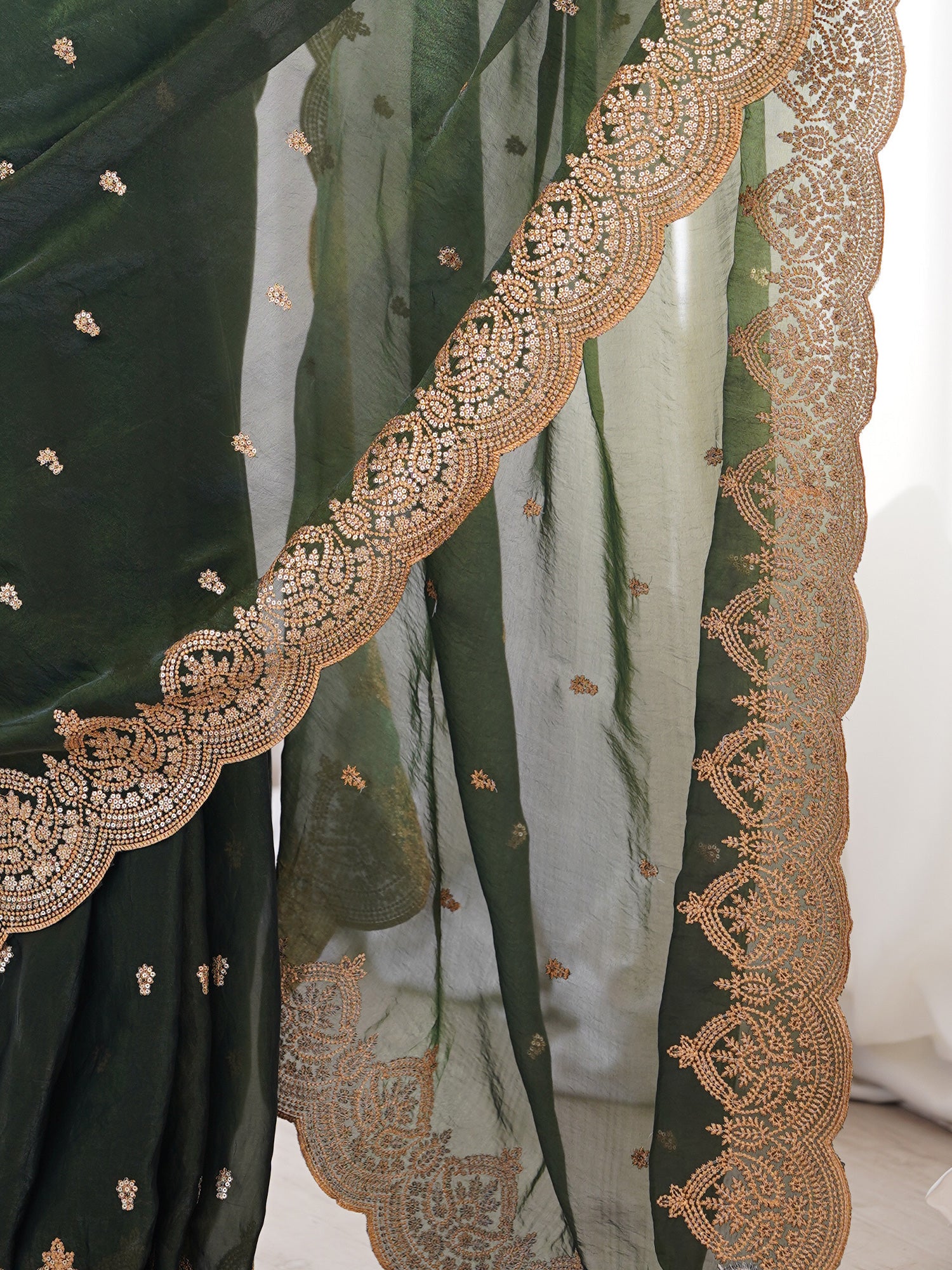 Women's Satin Green Embellished Designer Saree With Blouse Piece