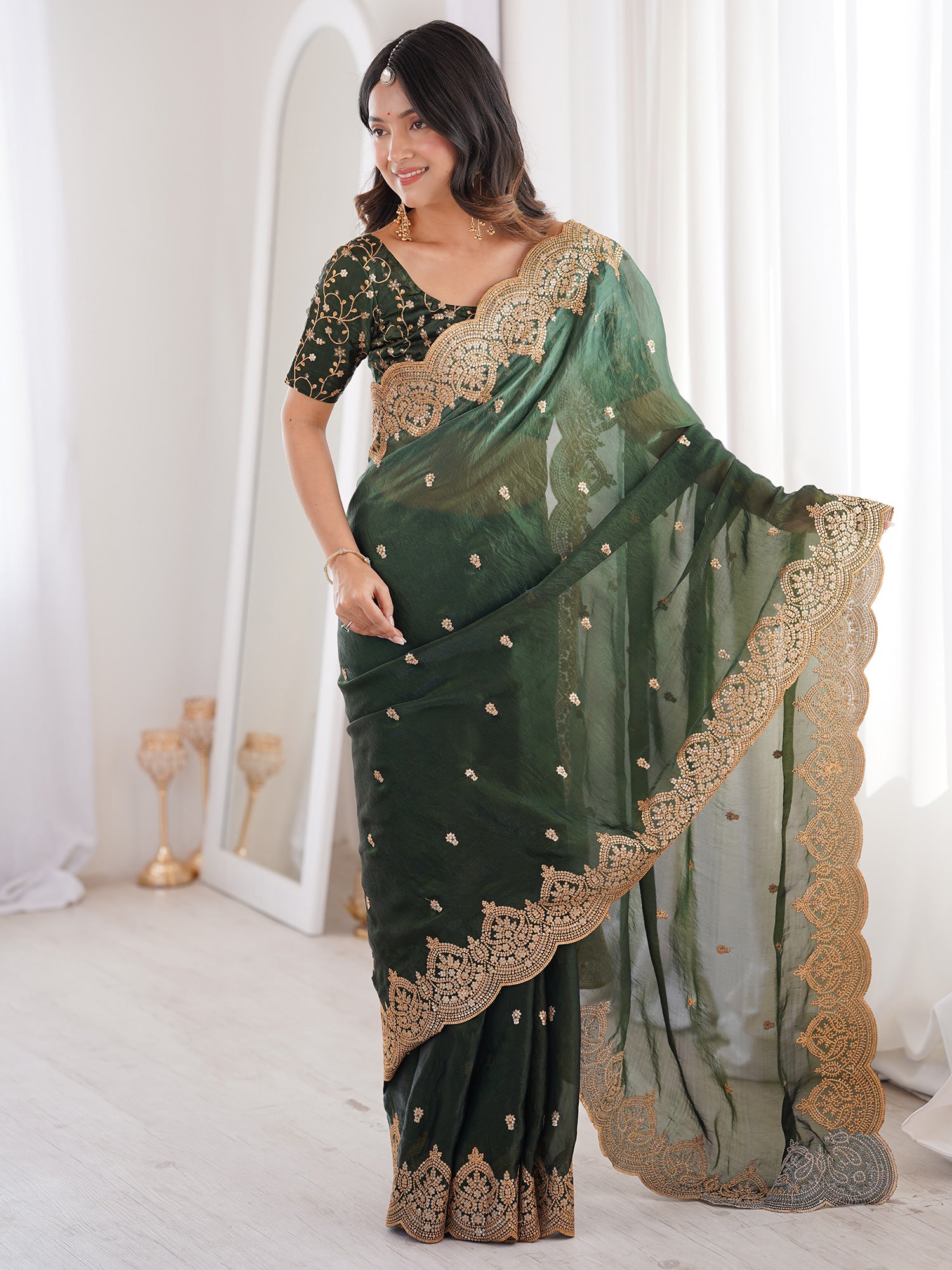 Women's Satin Green Embellished Designer Saree With Blouse Piece