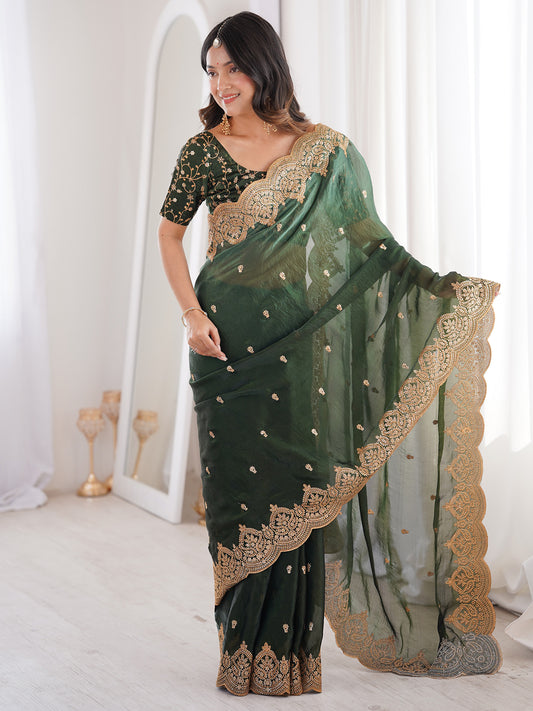Women's Satin Green Embellished Designer Saree With Blouse Piece