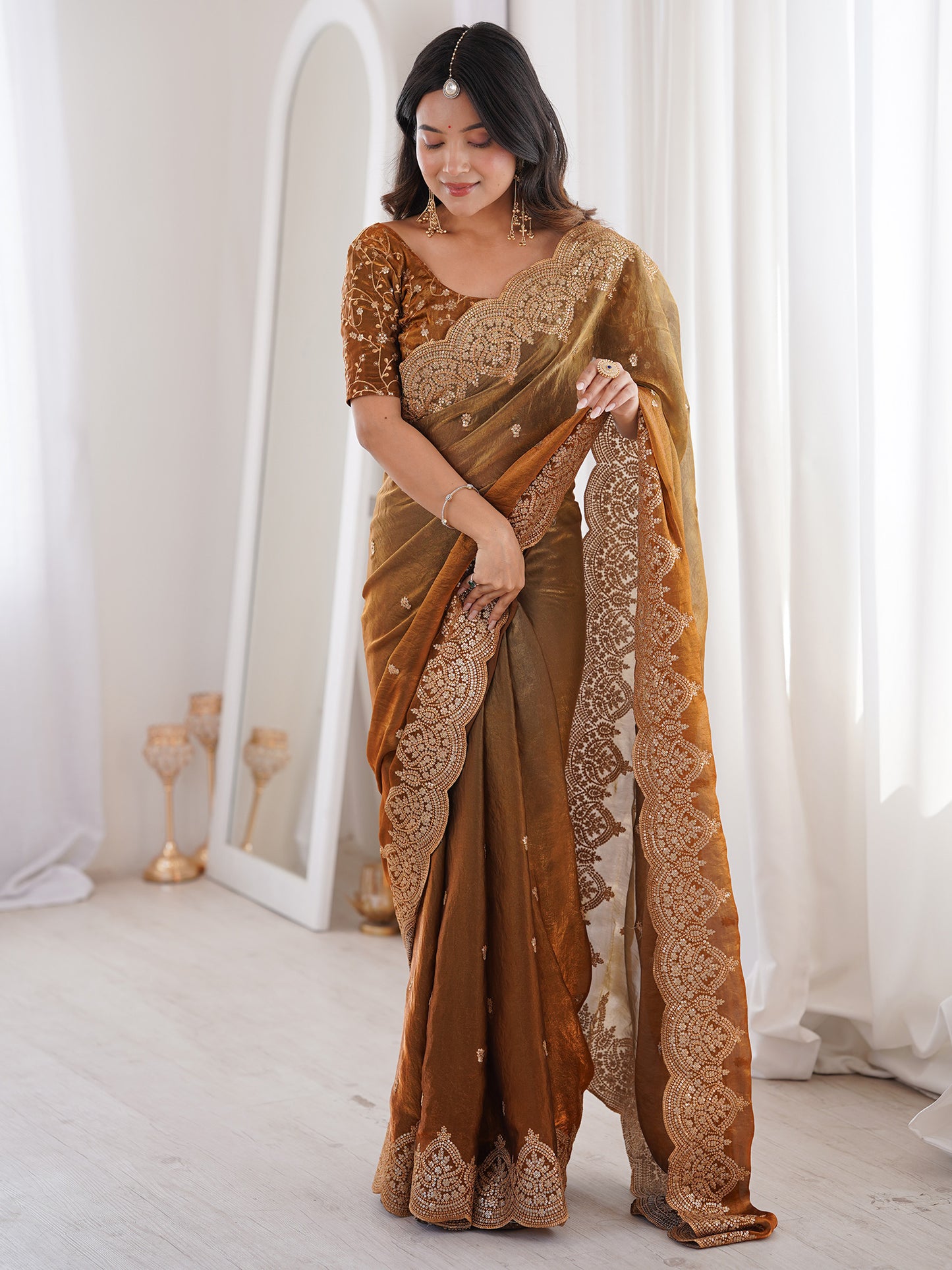 Women's Satin Gold Embellished Designer Saree With Blouse Piece