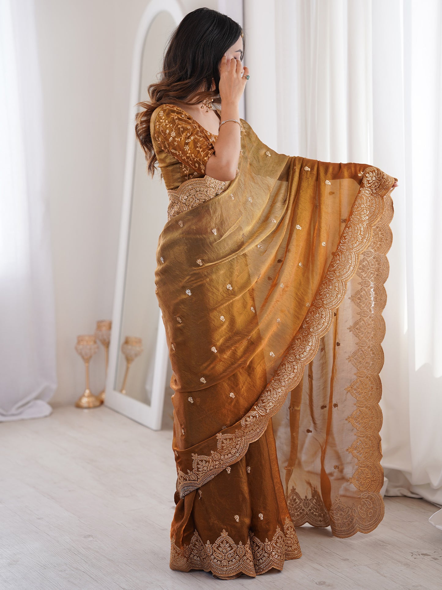 Women's Satin Gold Embellished Designer Saree With Blouse Piece
