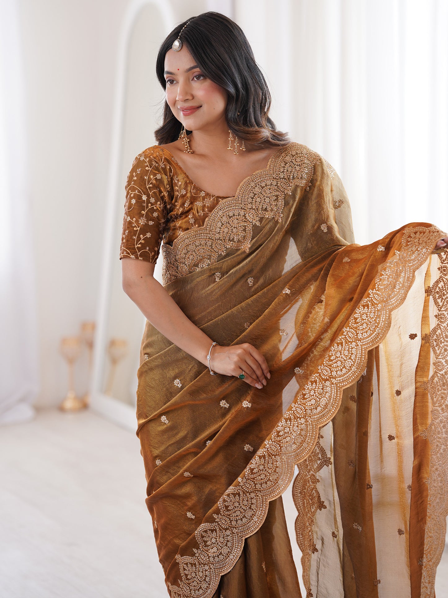 Women's Satin Gold Embellished Designer Saree With Blouse Piece