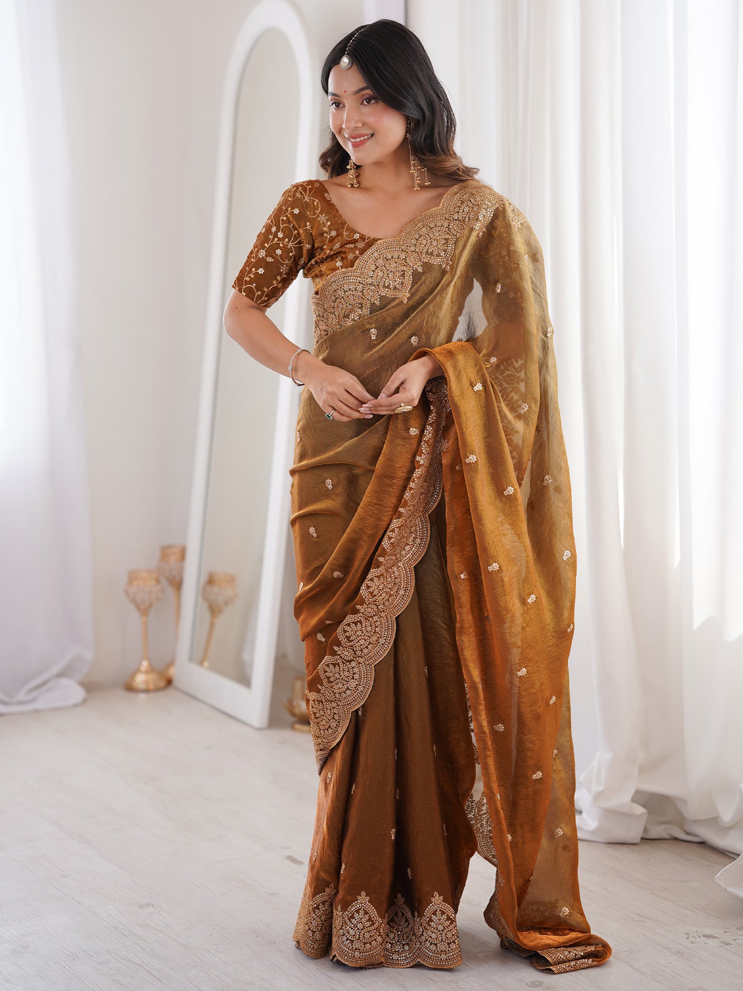 Women's Satin Gold Embellished Designer Saree With Blouse Piece