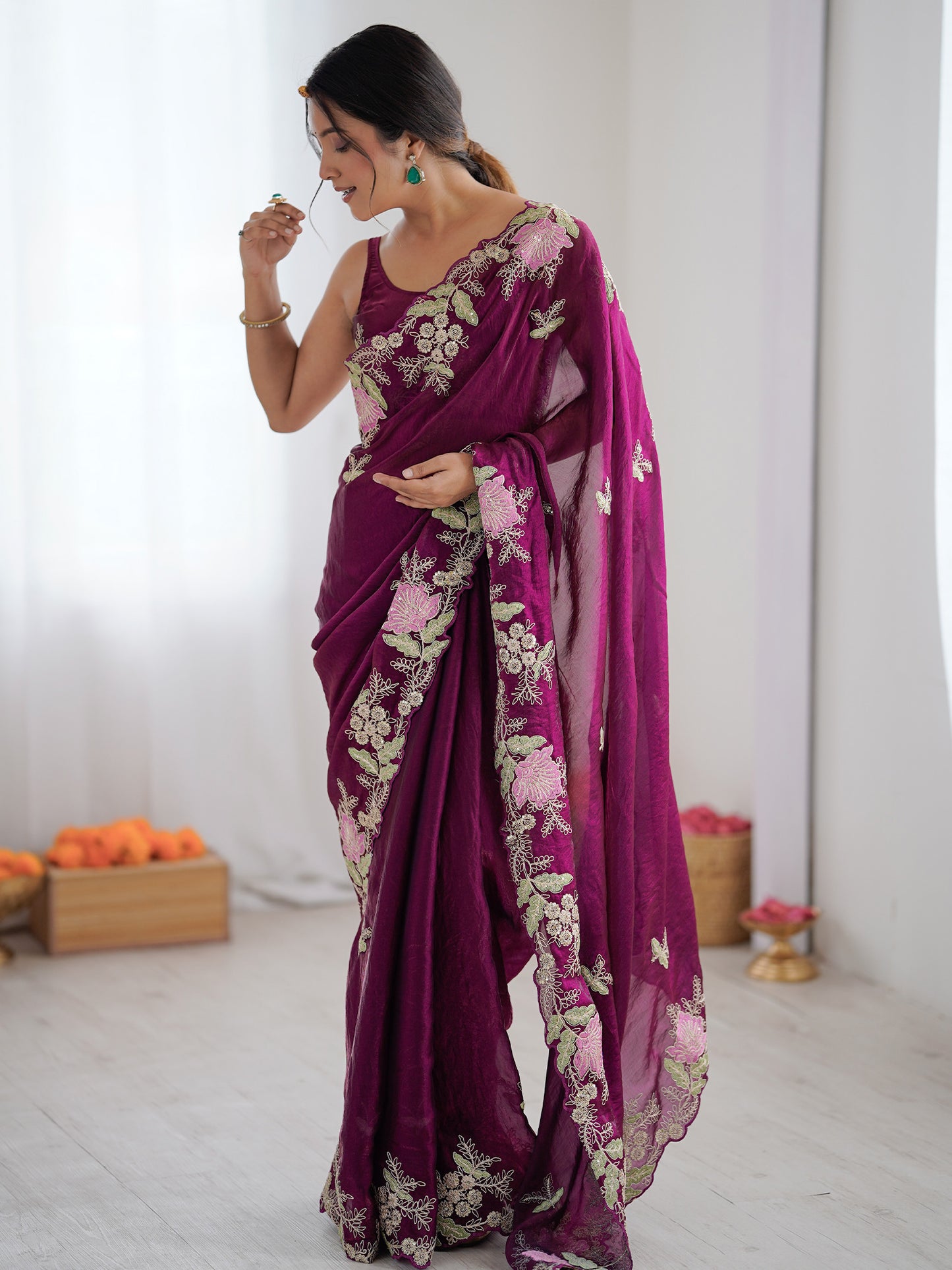 Women's Satin Magenta Embellished Designer Saree With Blouse Piece