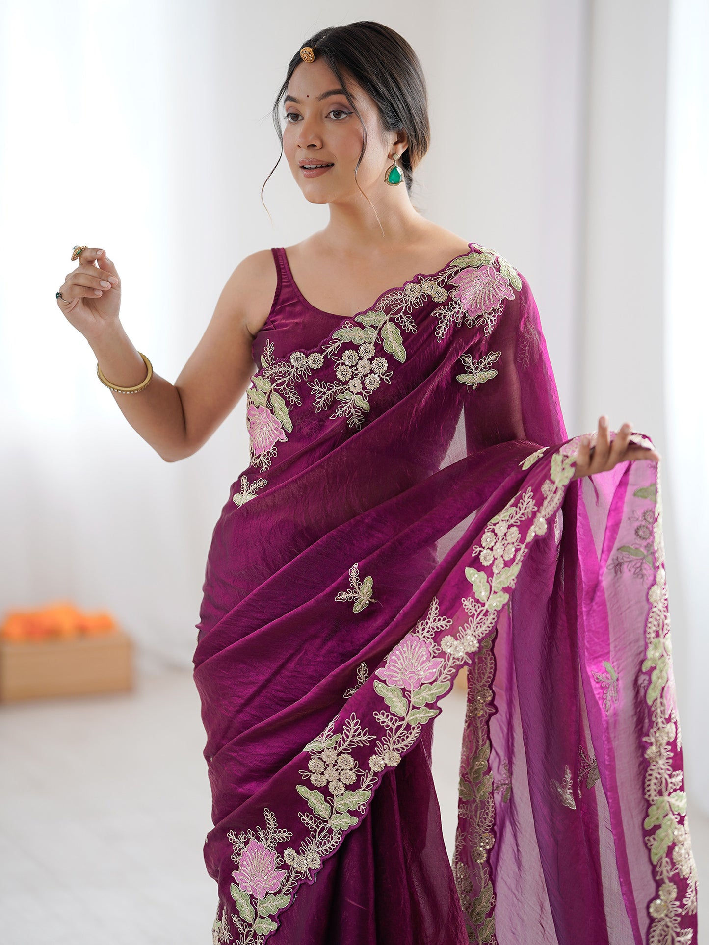 Women's Satin Magenta Embellished Designer Saree With Blouse Piece