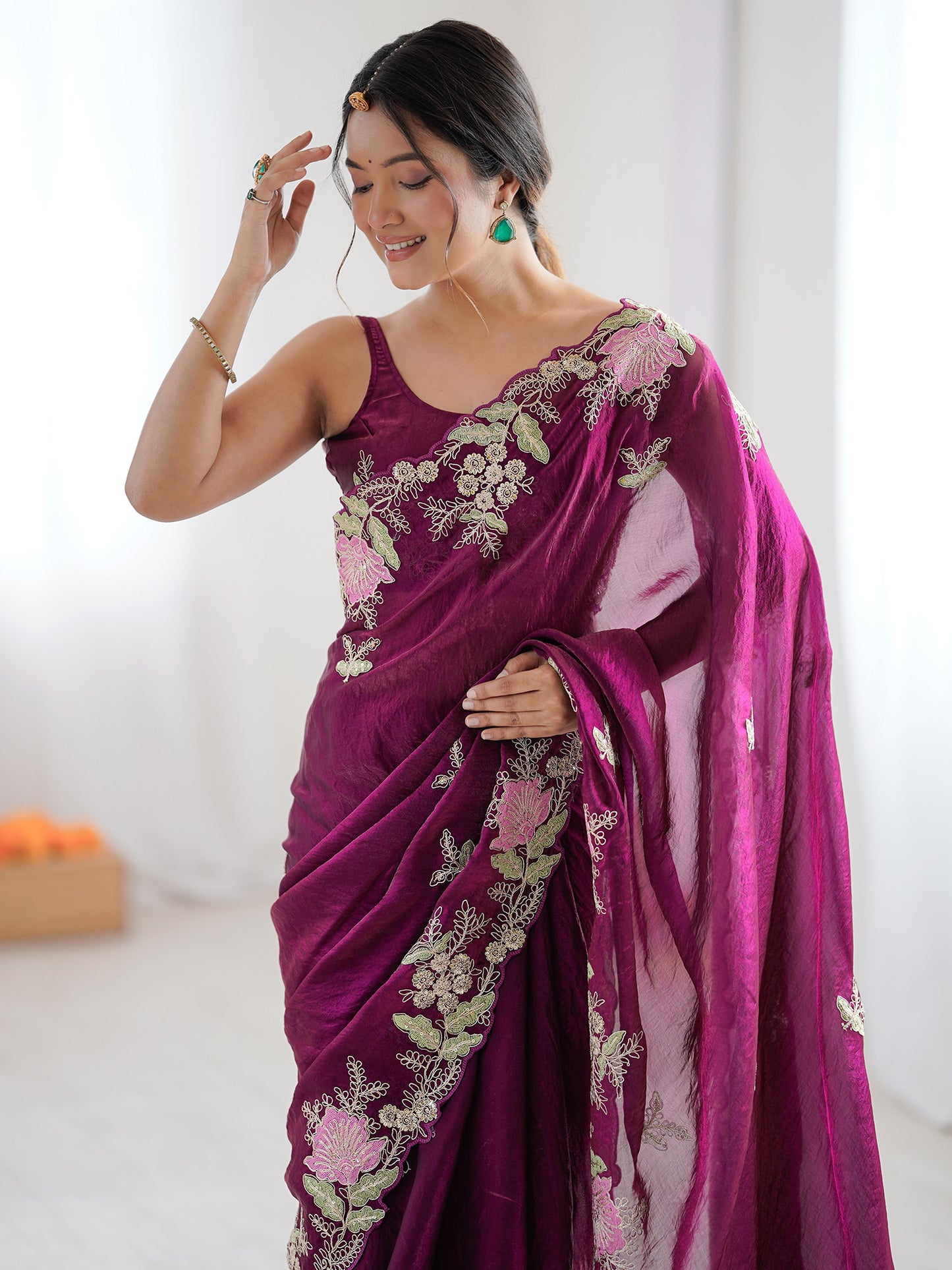 Women's Satin Magenta Embellished Designer Saree With Blouse Piece