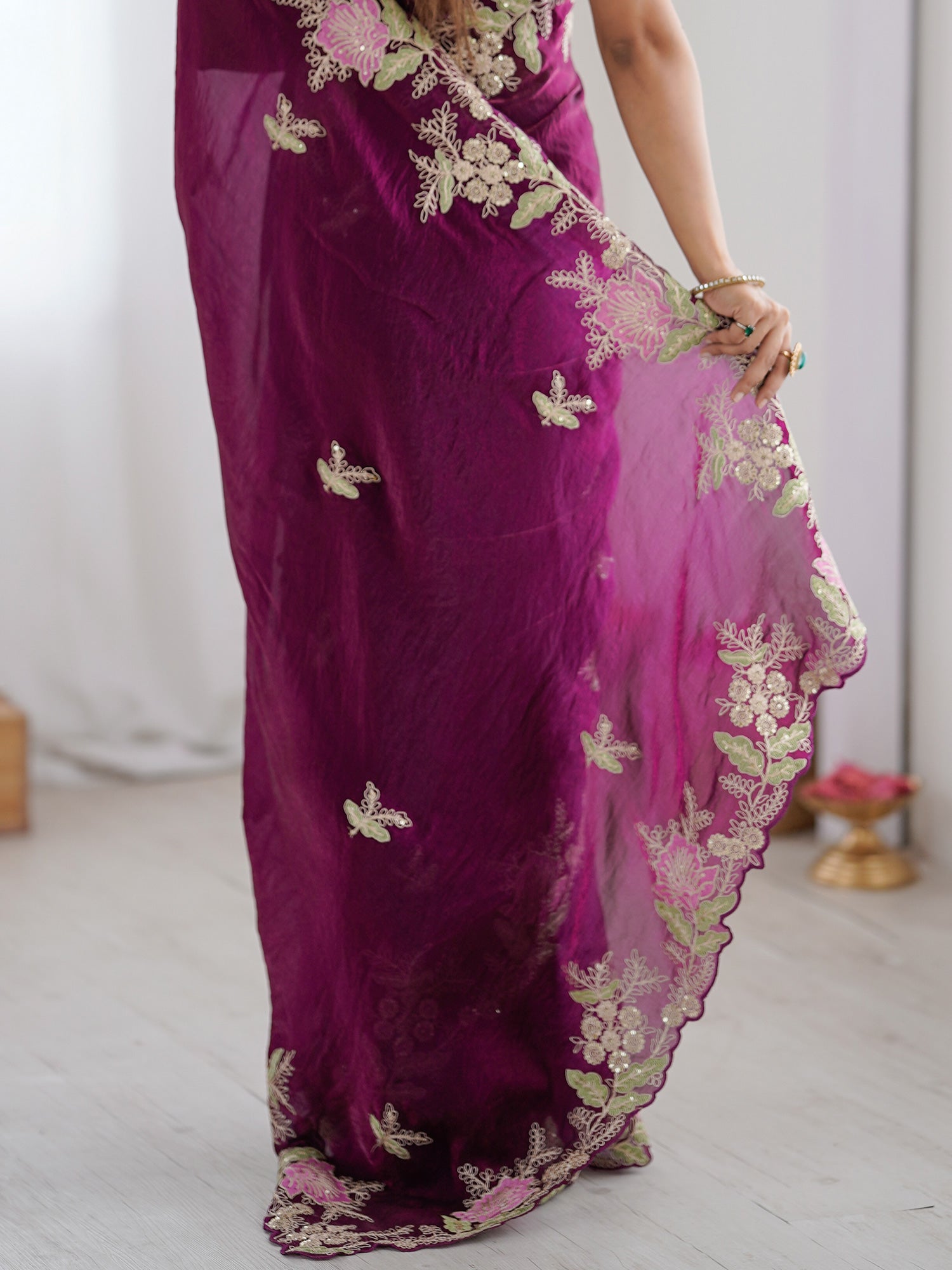 Women's Satin Magenta Embellished Designer Saree With Blouse Piece