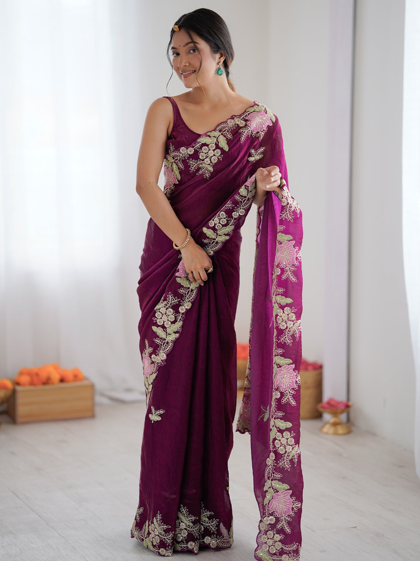 Women's Satin Magenta Embellished Designer Saree With Blouse Piece