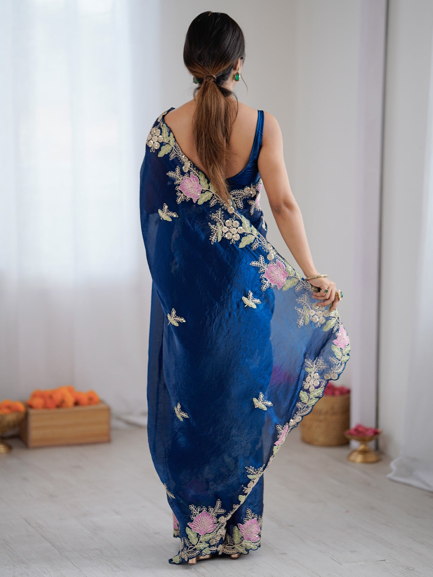 Women's Satin Blue Embellished Designer Saree With Blouse Piece
