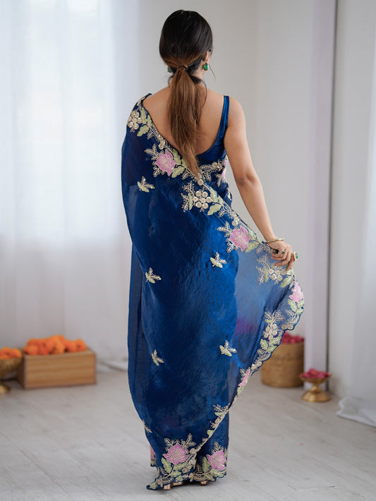 Women's Satin Blue Embellished Designer Saree With Blouse Piece