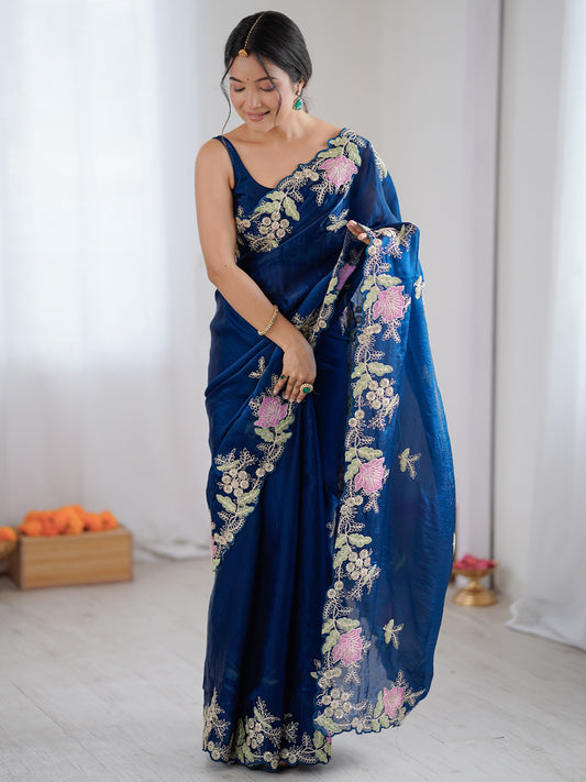 Women's Satin Blue Embellished Designer Saree With Blouse Piece