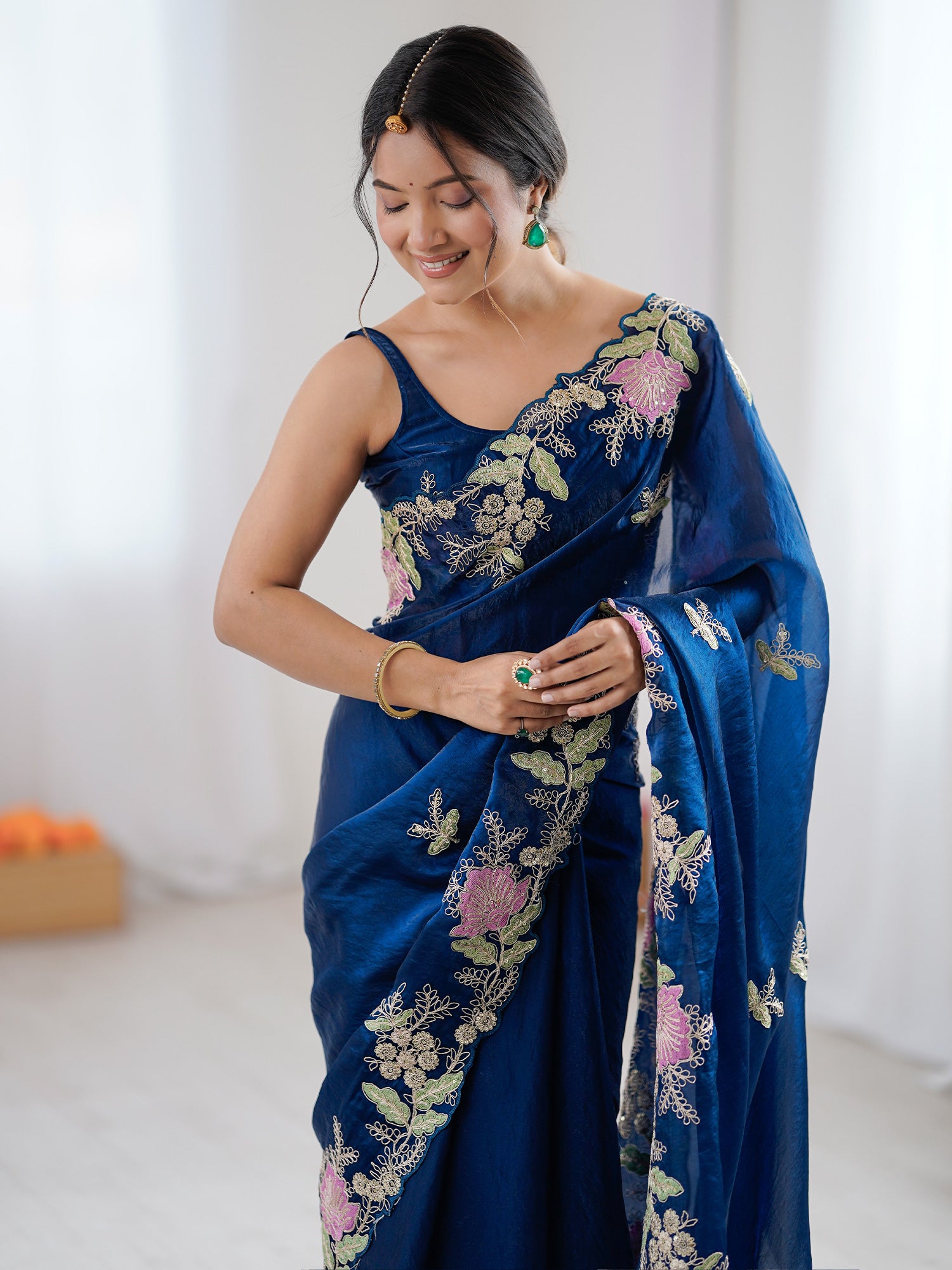 Women's Satin Blue Embellished Designer Saree With Blouse Piece
