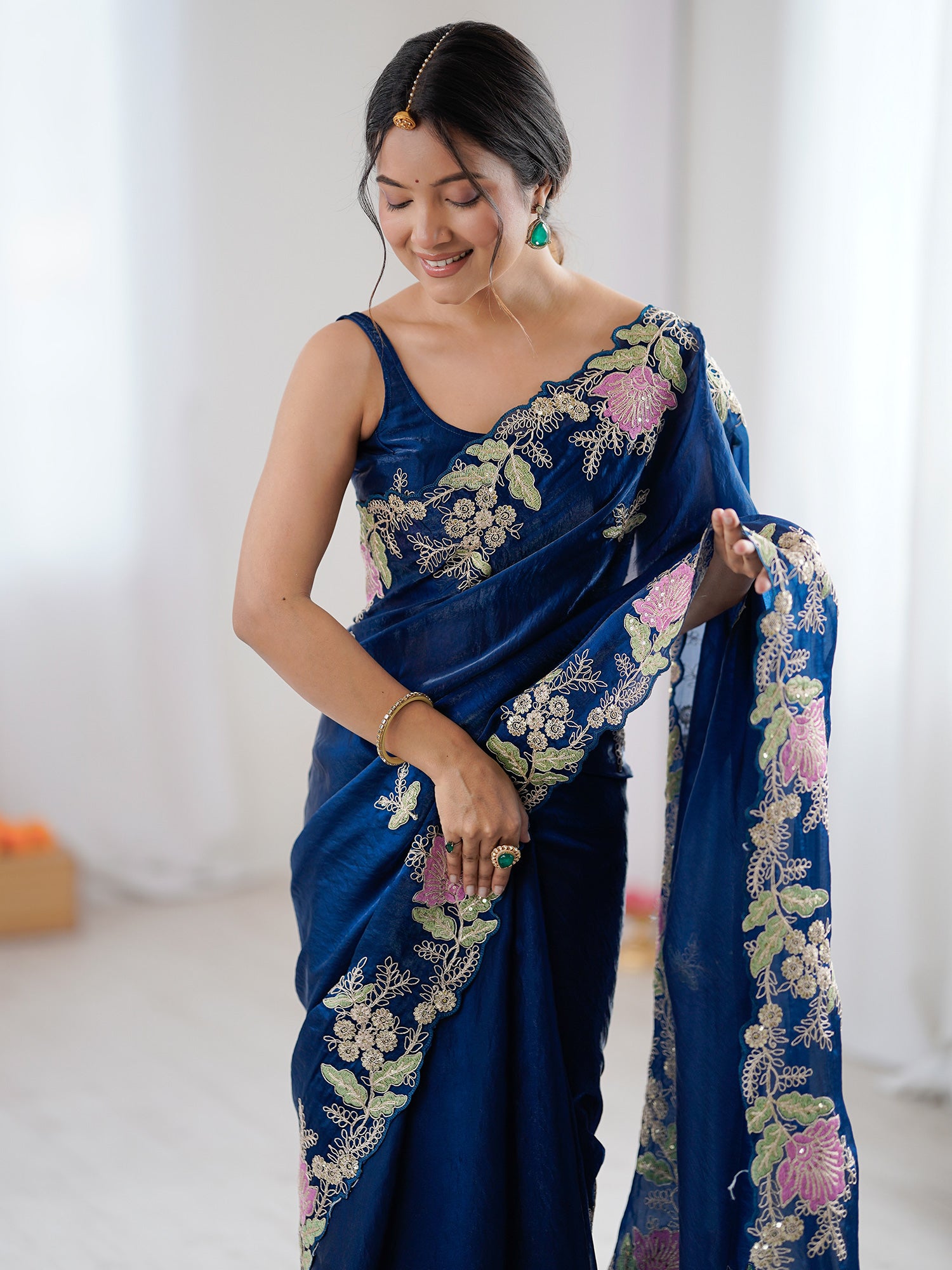 Women's Satin Blue Embellished Designer Saree With Blouse Piece