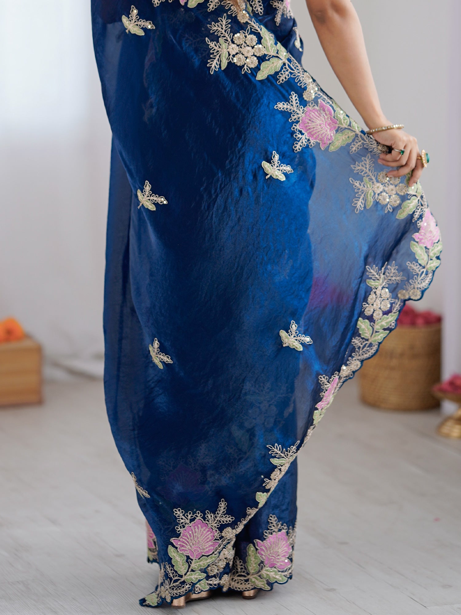 Women's Satin Blue Embellished Designer Saree With Blouse Piece
