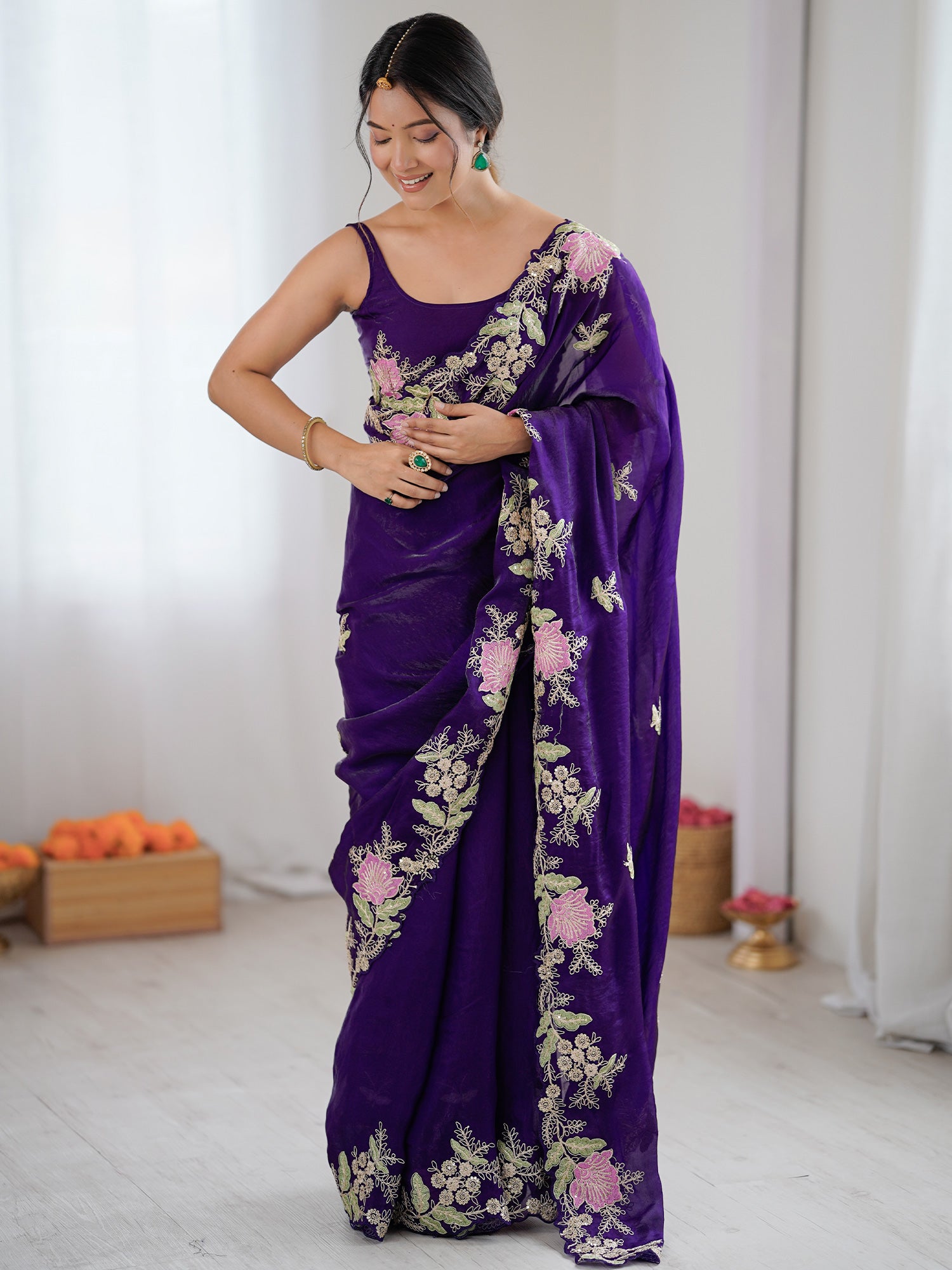 Women's Satin Purple Embellished Designer Saree With Blouse Piece