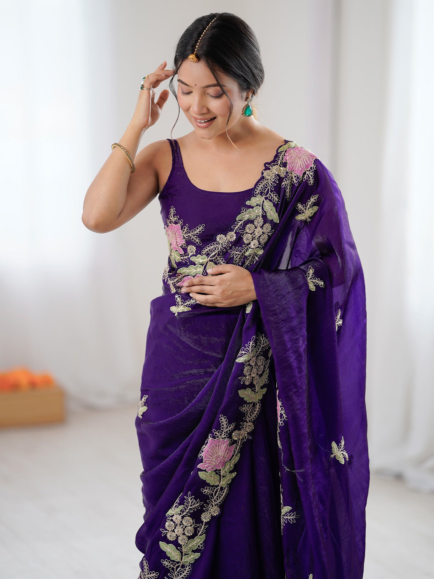 Women's Satin Purple Embellished Designer Saree With Blouse Piece