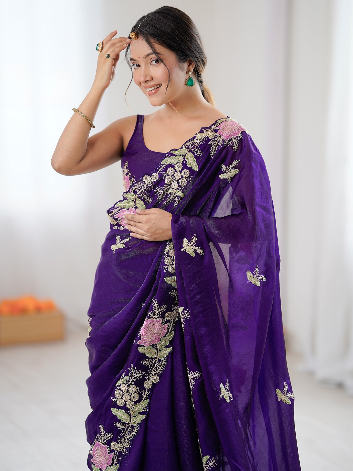 Women's Satin Purple Embellished Designer Saree With Blouse Piece