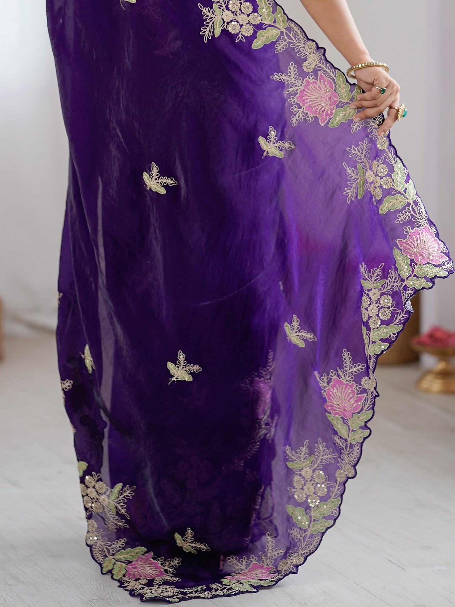 Women's Satin Purple Embellished Designer Saree With Blouse Piece