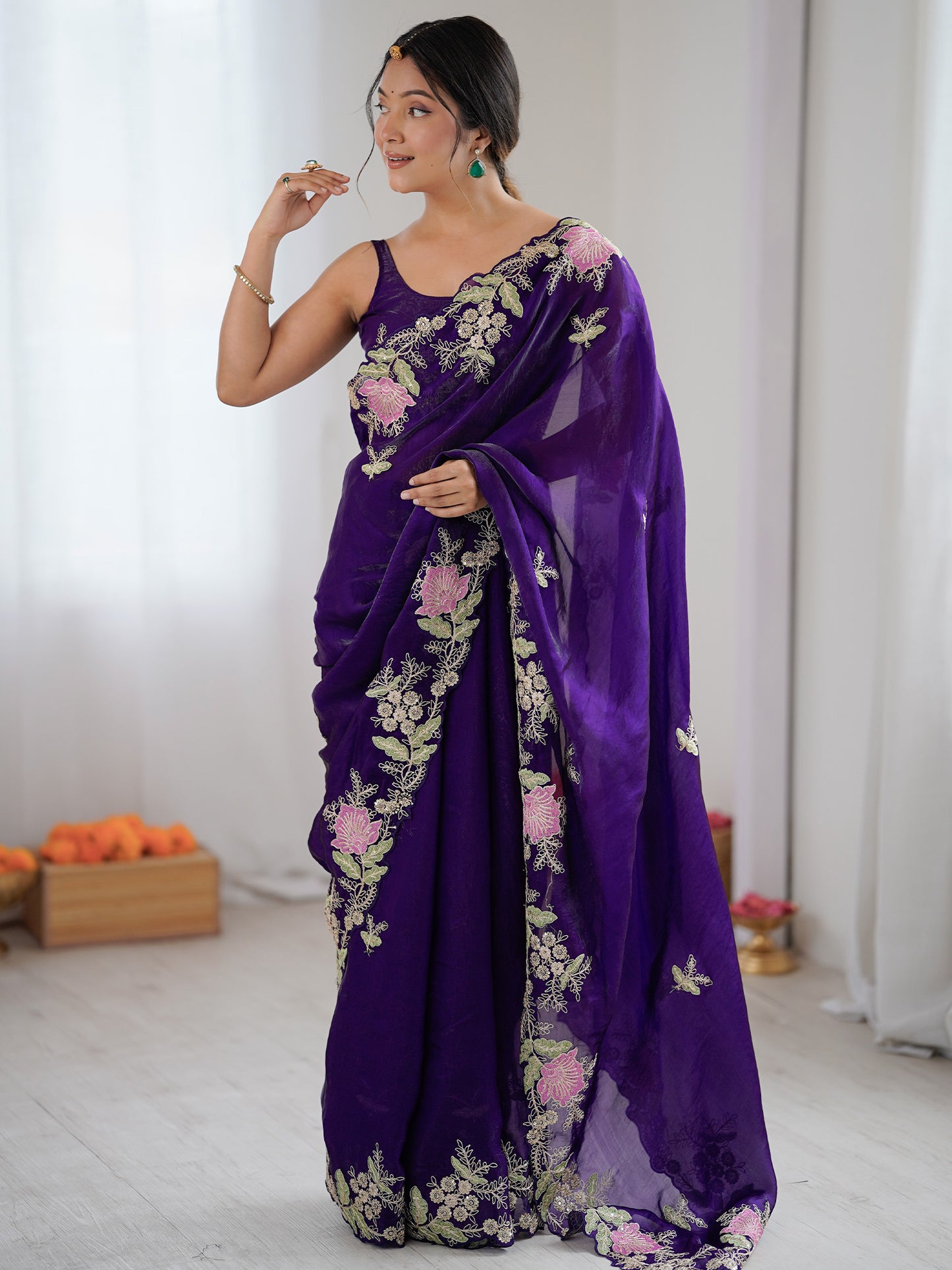 Women's Satin Purple Embellished Designer Saree With Blouse Piece