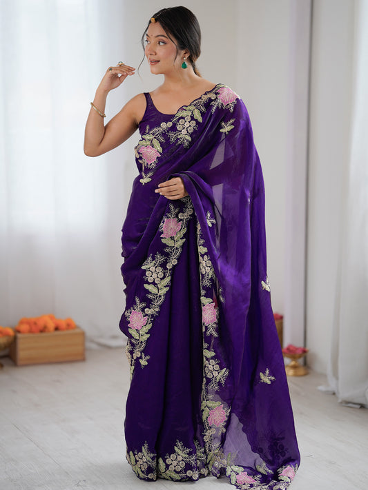 Women's Satin Purple Embellished Designer Saree With Blouse Piece