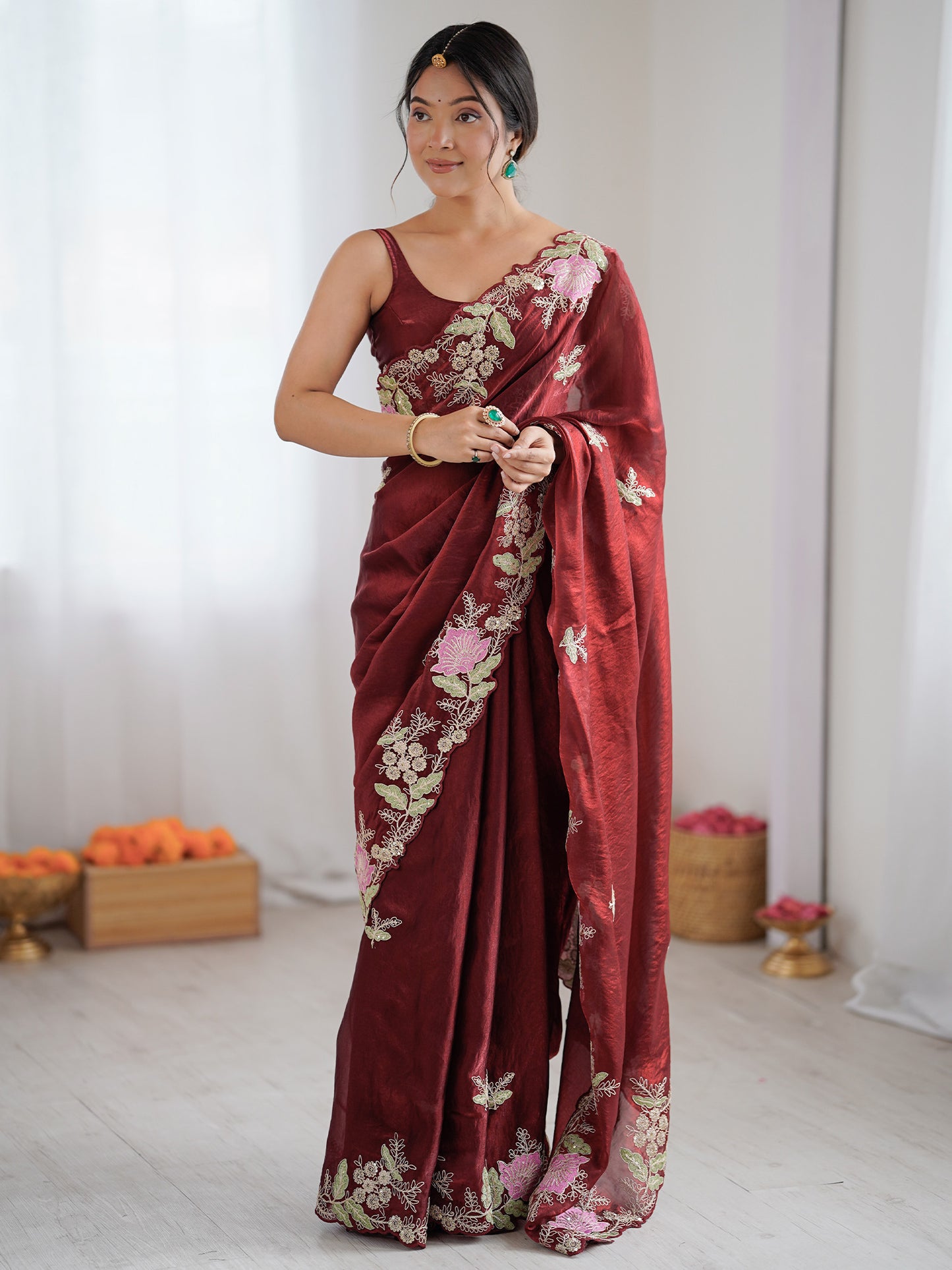 Women's Satin Maroon Embellished Designer Saree With Blouse Piece