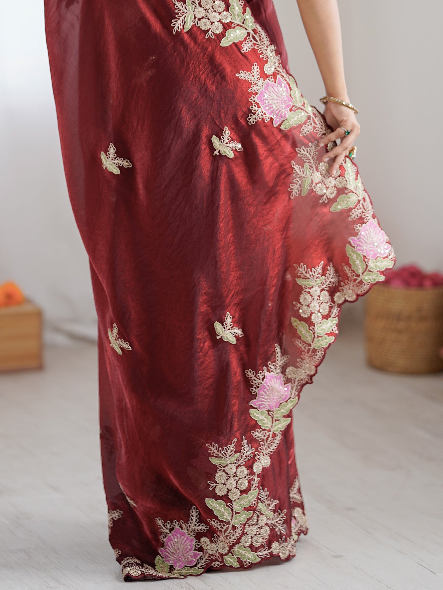 Women's Satin Maroon Embellished Designer Saree With Blouse Piece