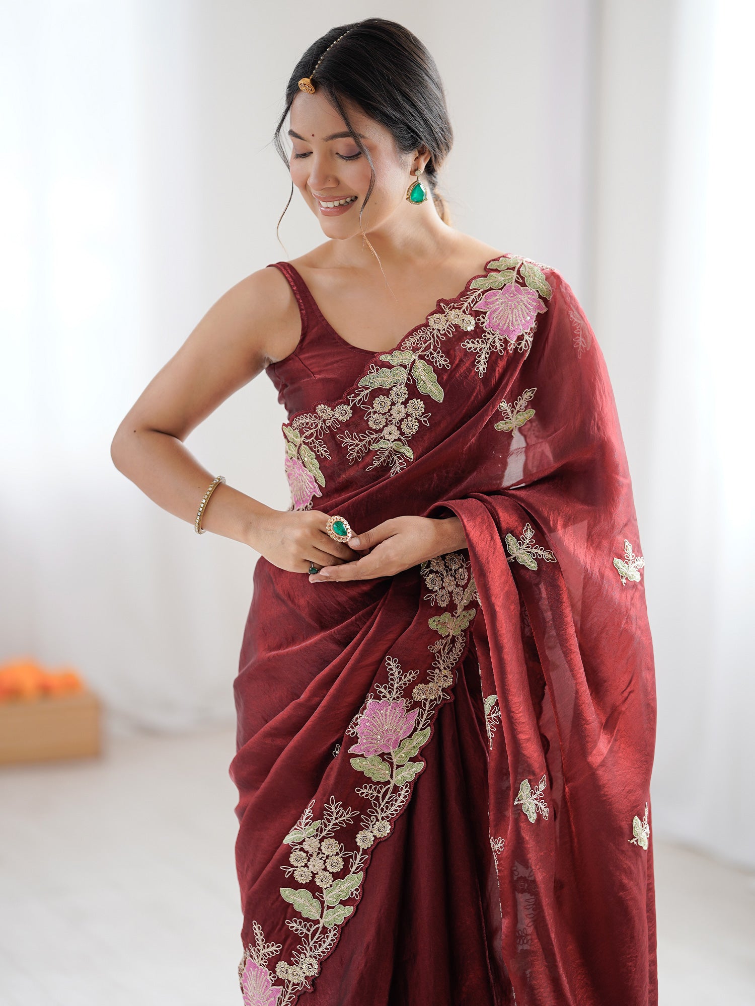 Women's Satin Maroon Embellished Designer Saree With Blouse Piece