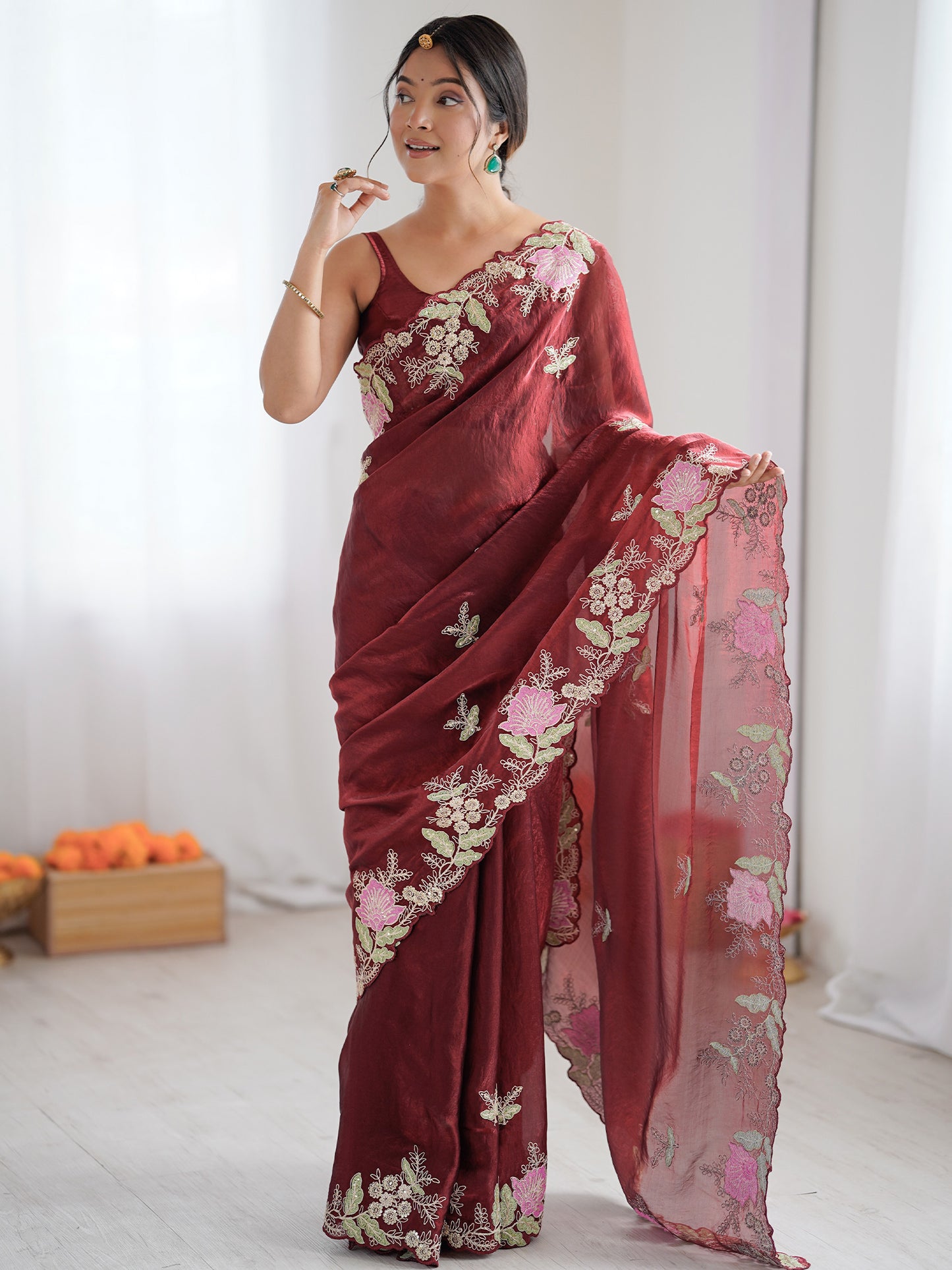 Women's Satin Maroon Embellished Designer Saree With Blouse Piece