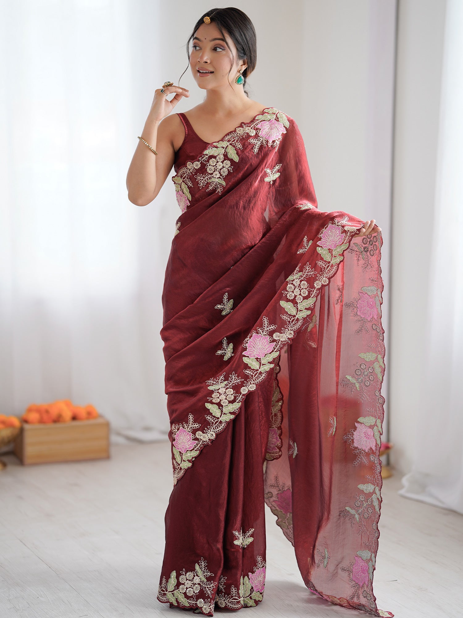 Women's Satin Maroon Embellished Designer Saree With Blouse Piece