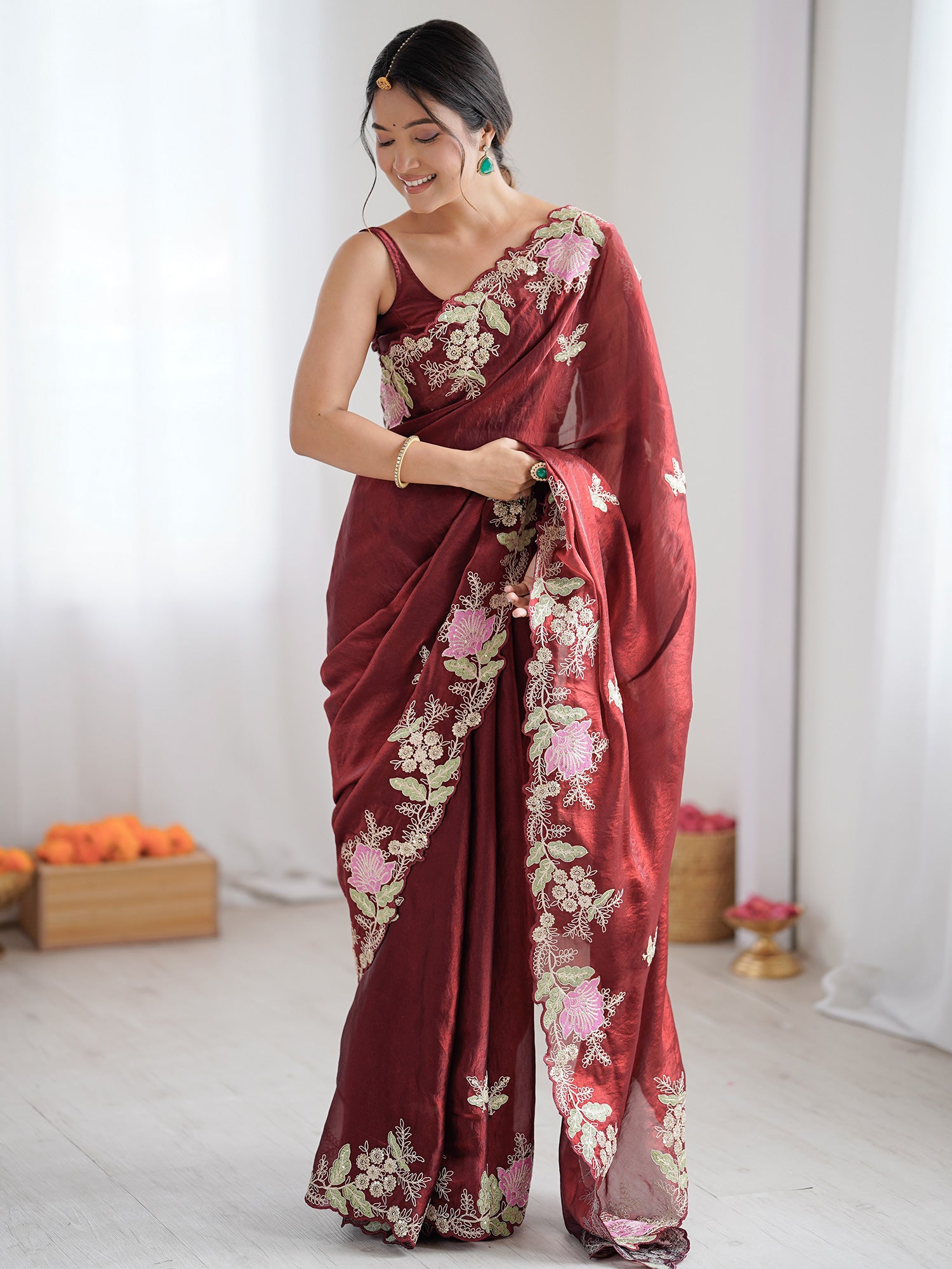 Women's Satin Maroon Embellished Designer Saree With Blouse Piece