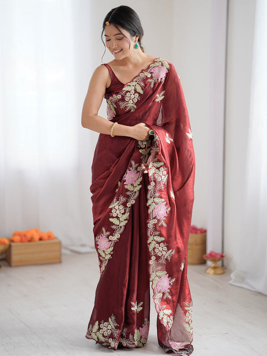 Women's Satin Maroon Embellished Designer Saree With Blouse Piece