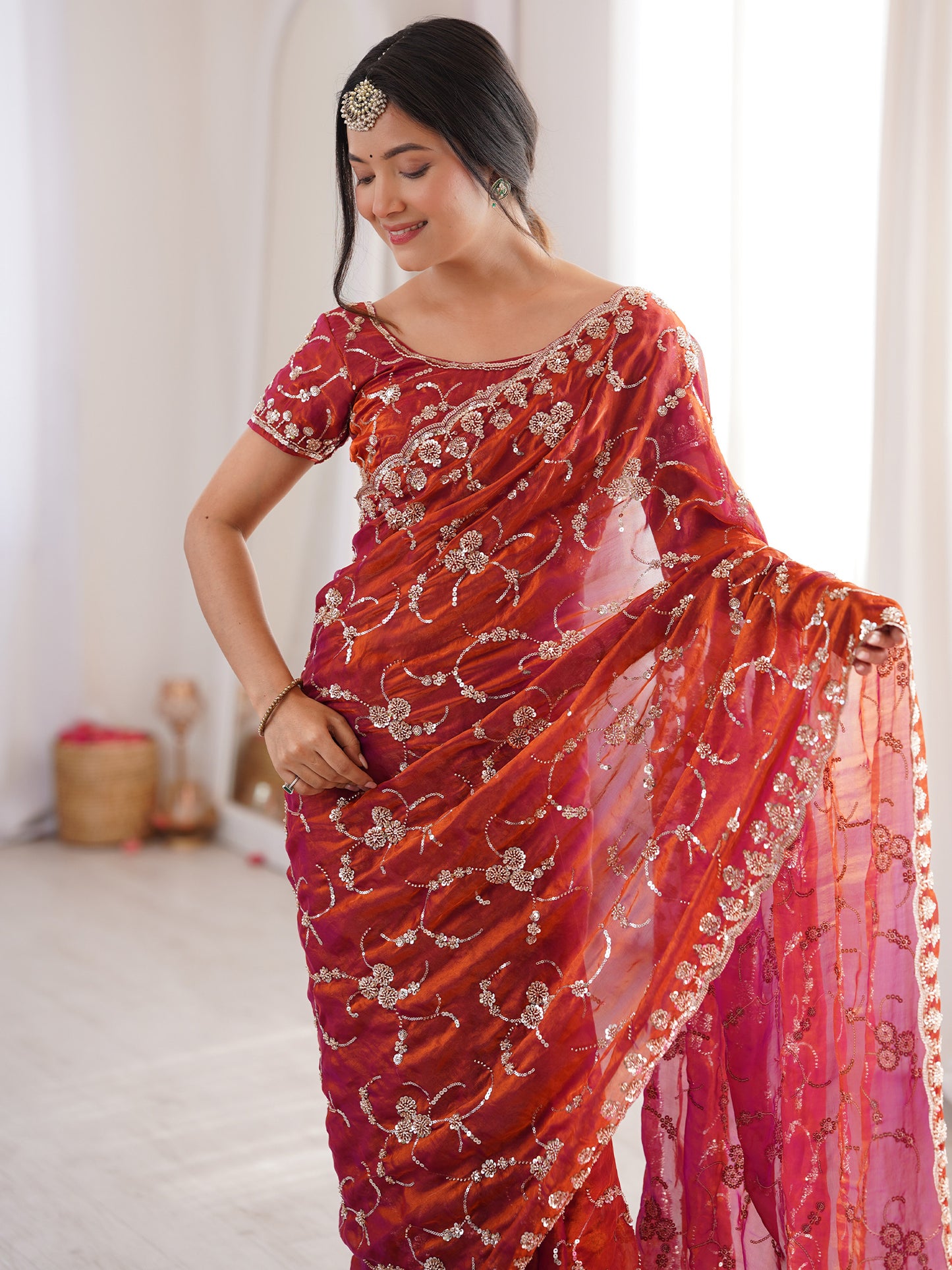 Women's Satin Orange Embellished Designer Saree With Blouse Piece