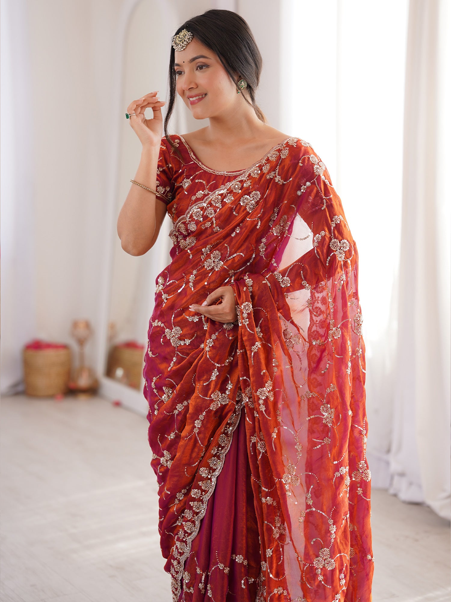 Women's Satin Orange Embellished Designer Saree With Blouse Piece