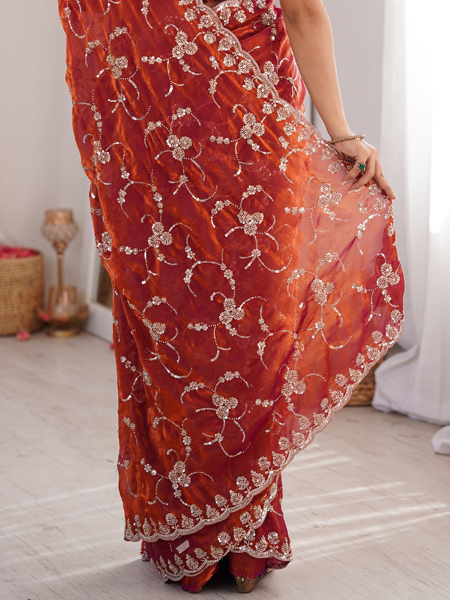 Women's Satin Orange Embellished Designer Saree With Blouse Piece