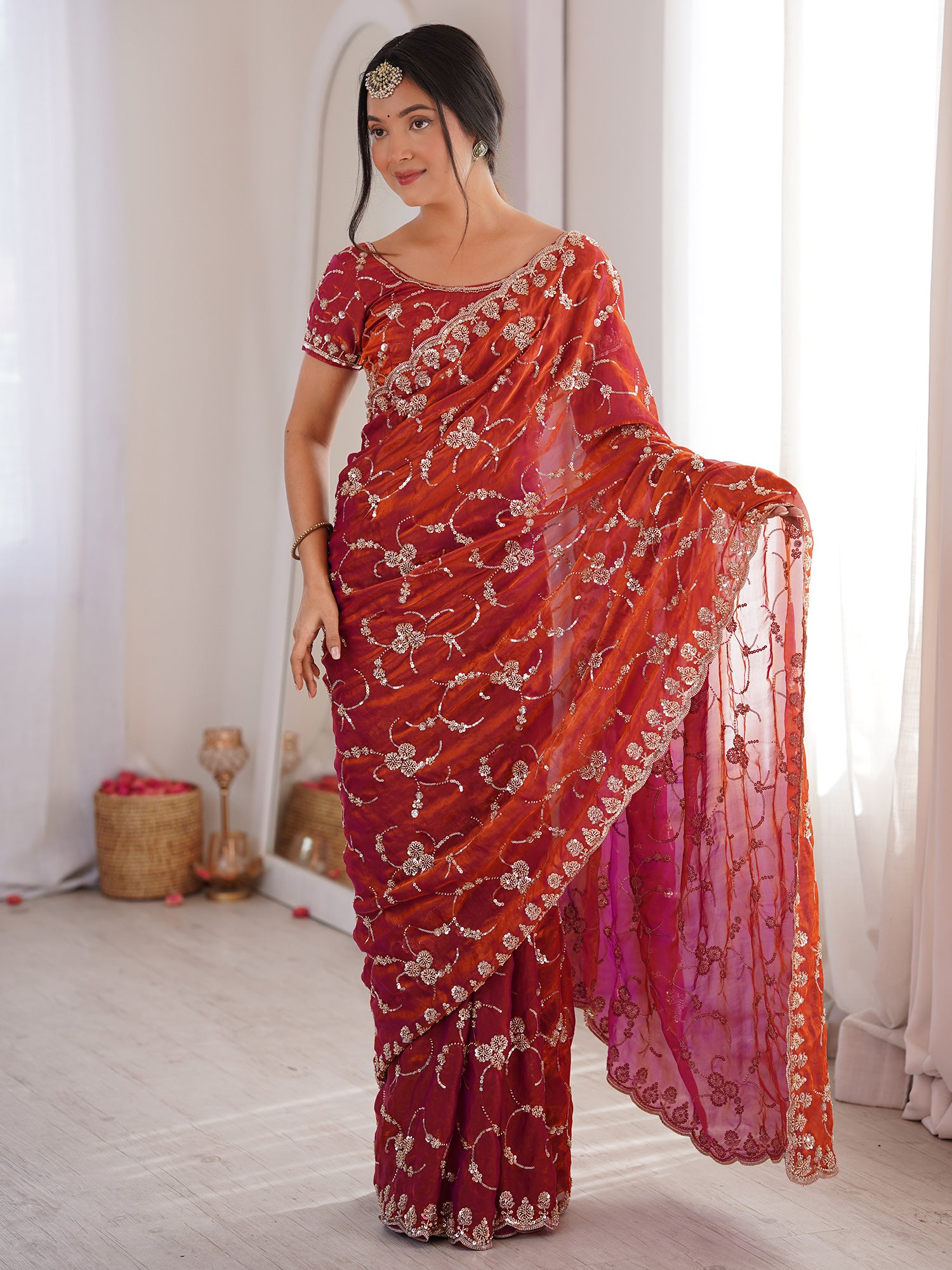 Women's Satin Orange Embellished Designer Saree With Blouse Piece