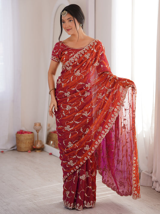 Women's Satin Orange Embellished Designer Saree With Blouse Piece
