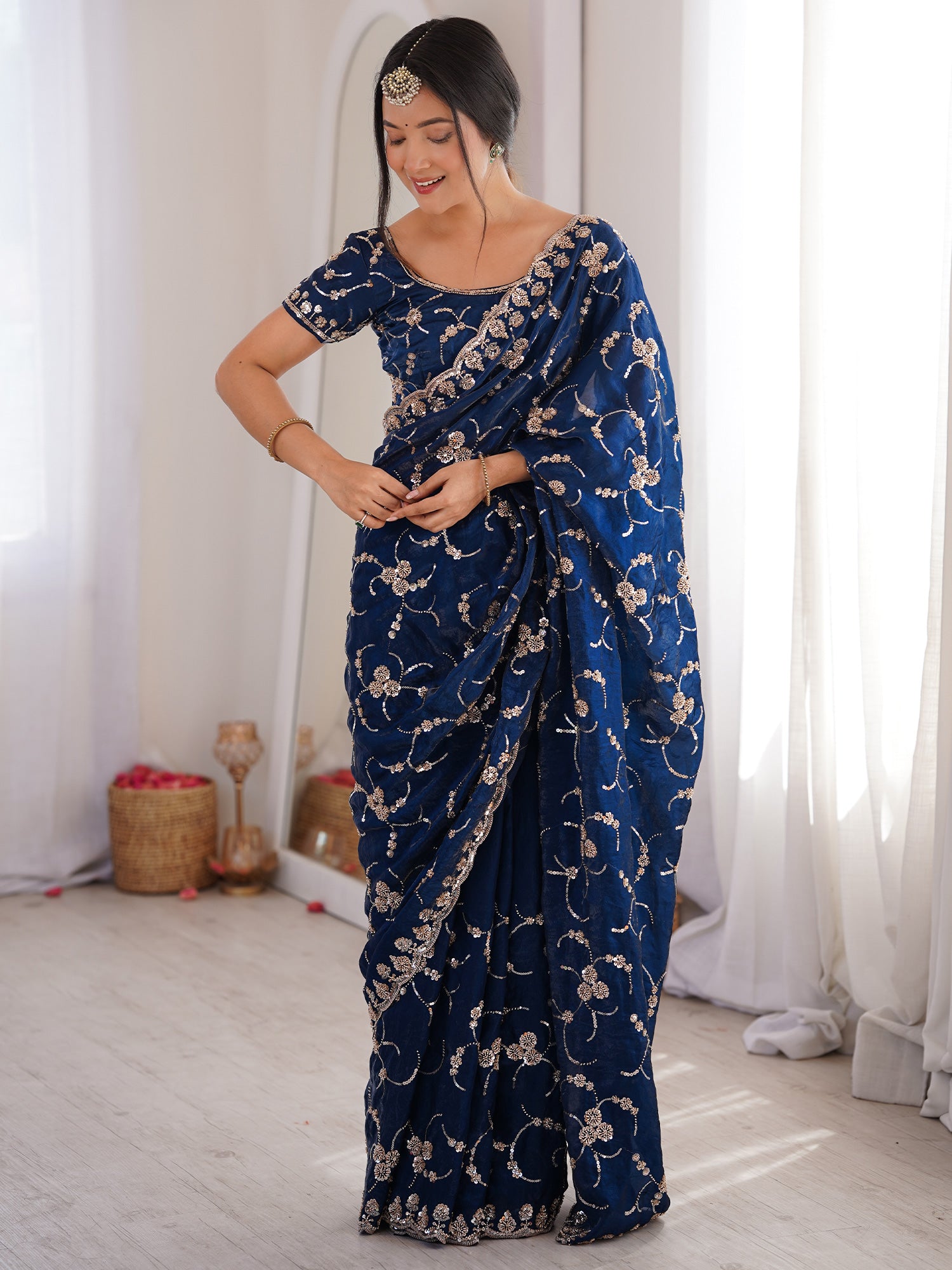 Women's Satin Blue Embellished Designer Saree With Blouse Piece
