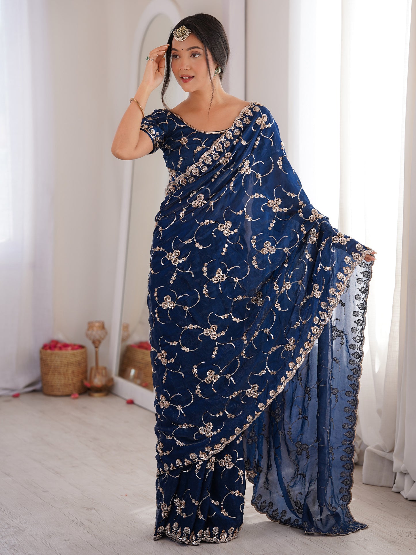 Women's Satin Blue Embellished Designer Saree With Blouse Piece