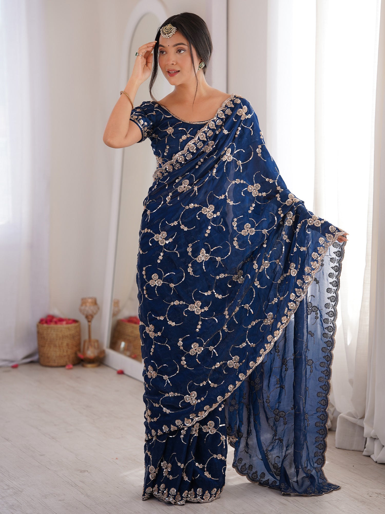 Women's Satin Blue Embellished Designer Saree With Blouse Piece