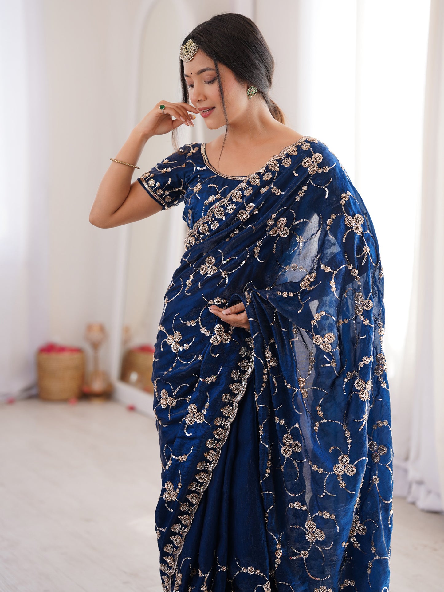 Women's Satin Blue Embellished Designer Saree With Blouse Piece