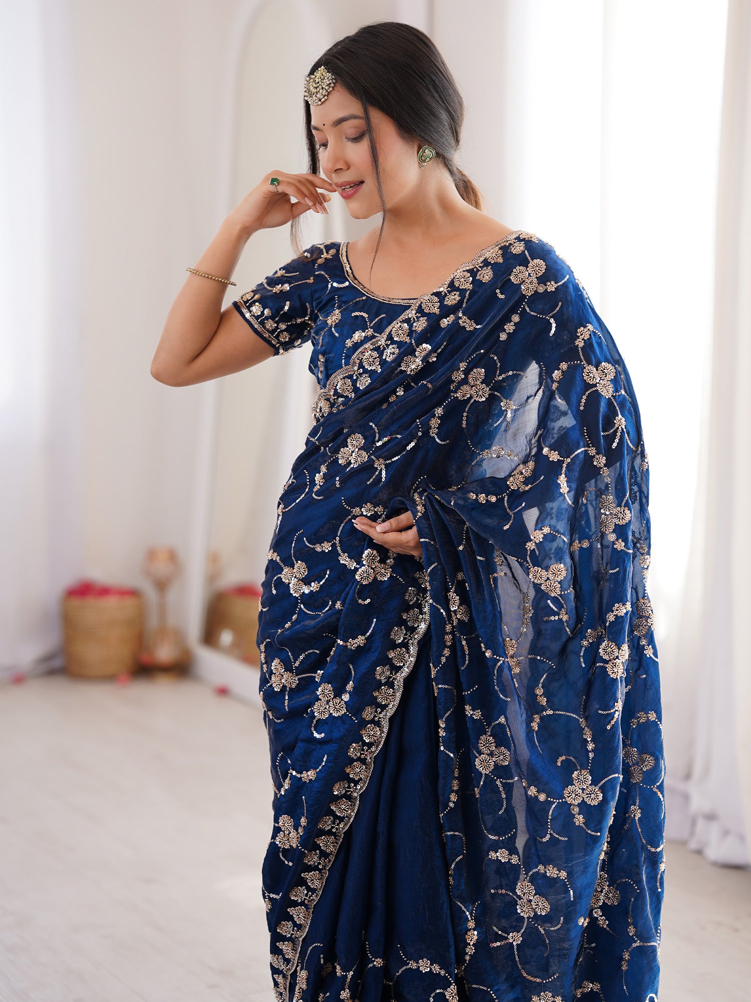 Women's Satin Blue Embellished Designer Saree With Blouse Piece