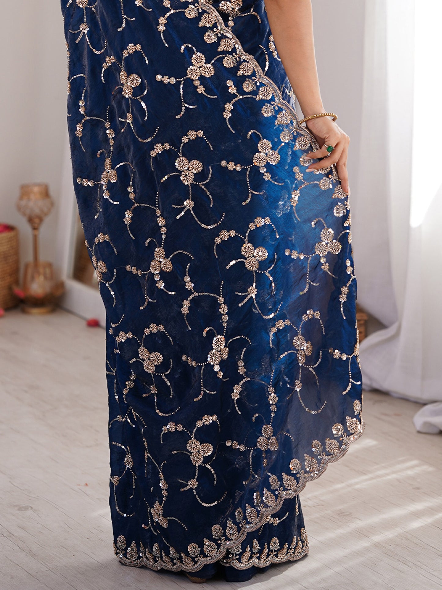 Women's Satin Blue Embellished Designer Saree With Blouse Piece