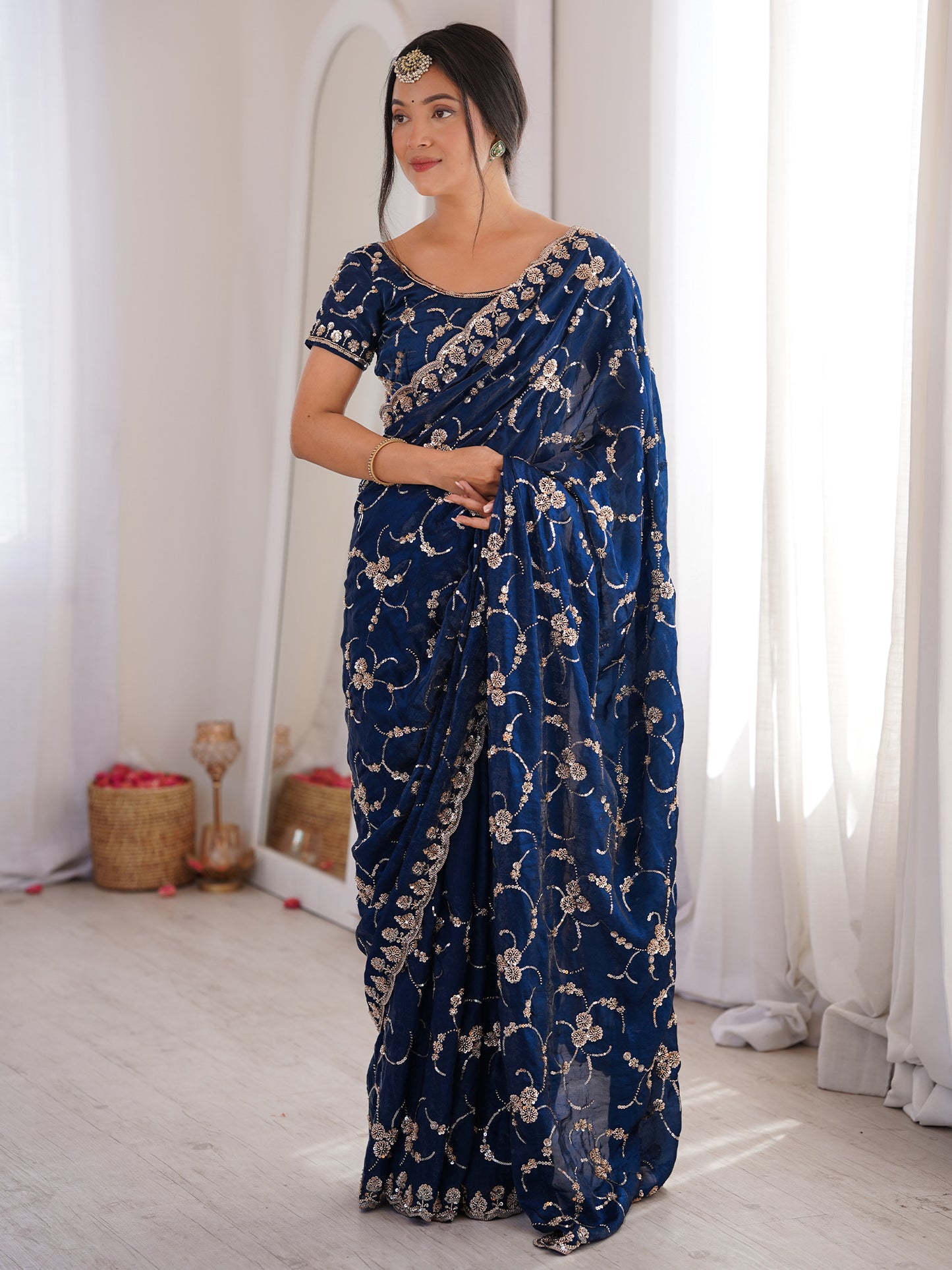 Women's Satin Blue Embellished Designer Saree With Blouse Piece