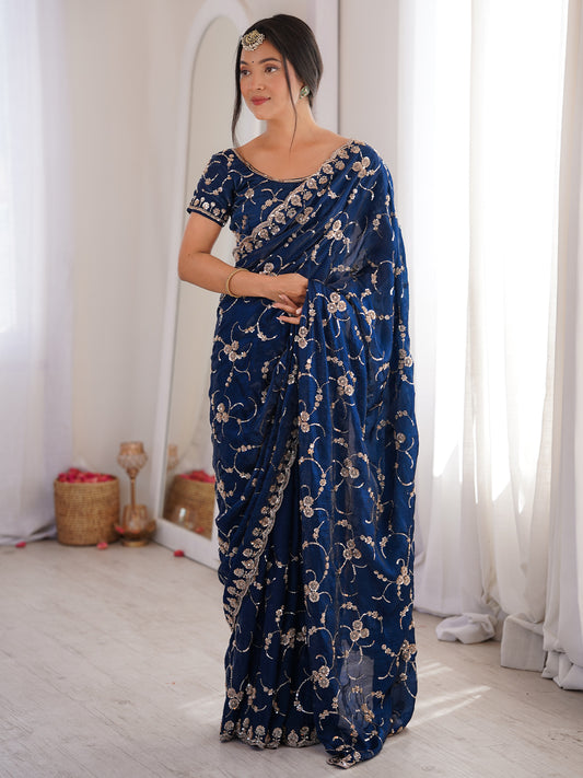 Women's Satin Blue Embellished Designer Saree With Blouse Piece