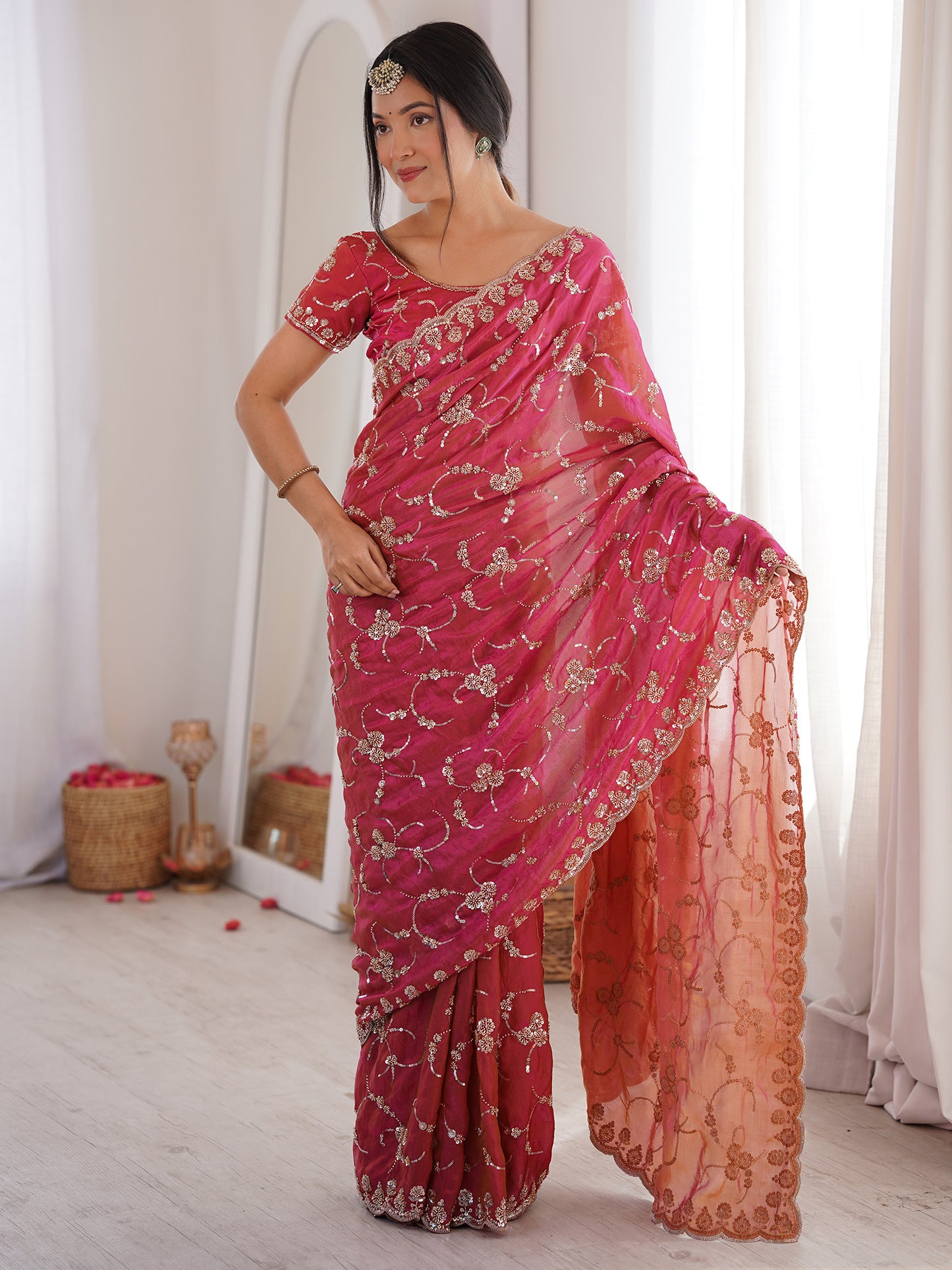 Women's Satin Pink Embellished Designer Saree With Blouse Piece